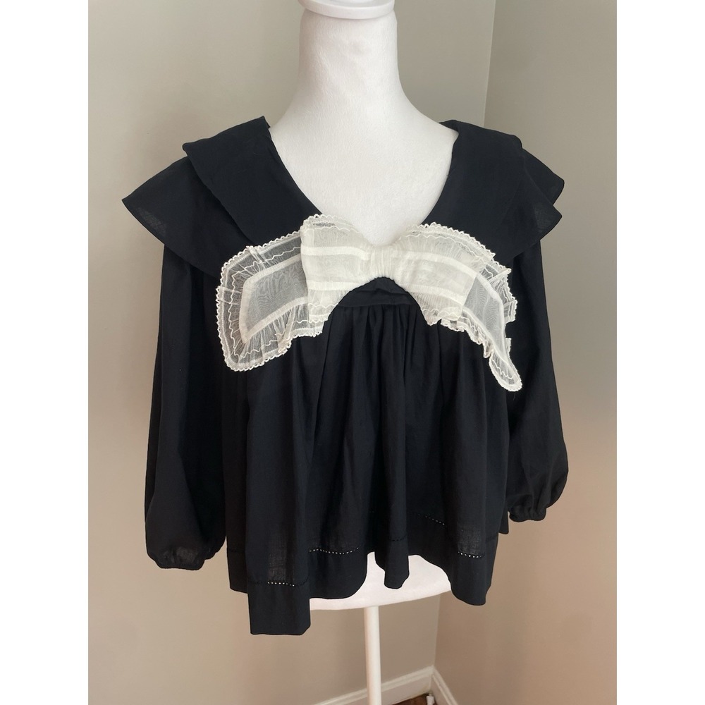 NWT The GREAT. Relic Top Women 1/S Black Cream Bow‎ Cottage Prairie Romantic
